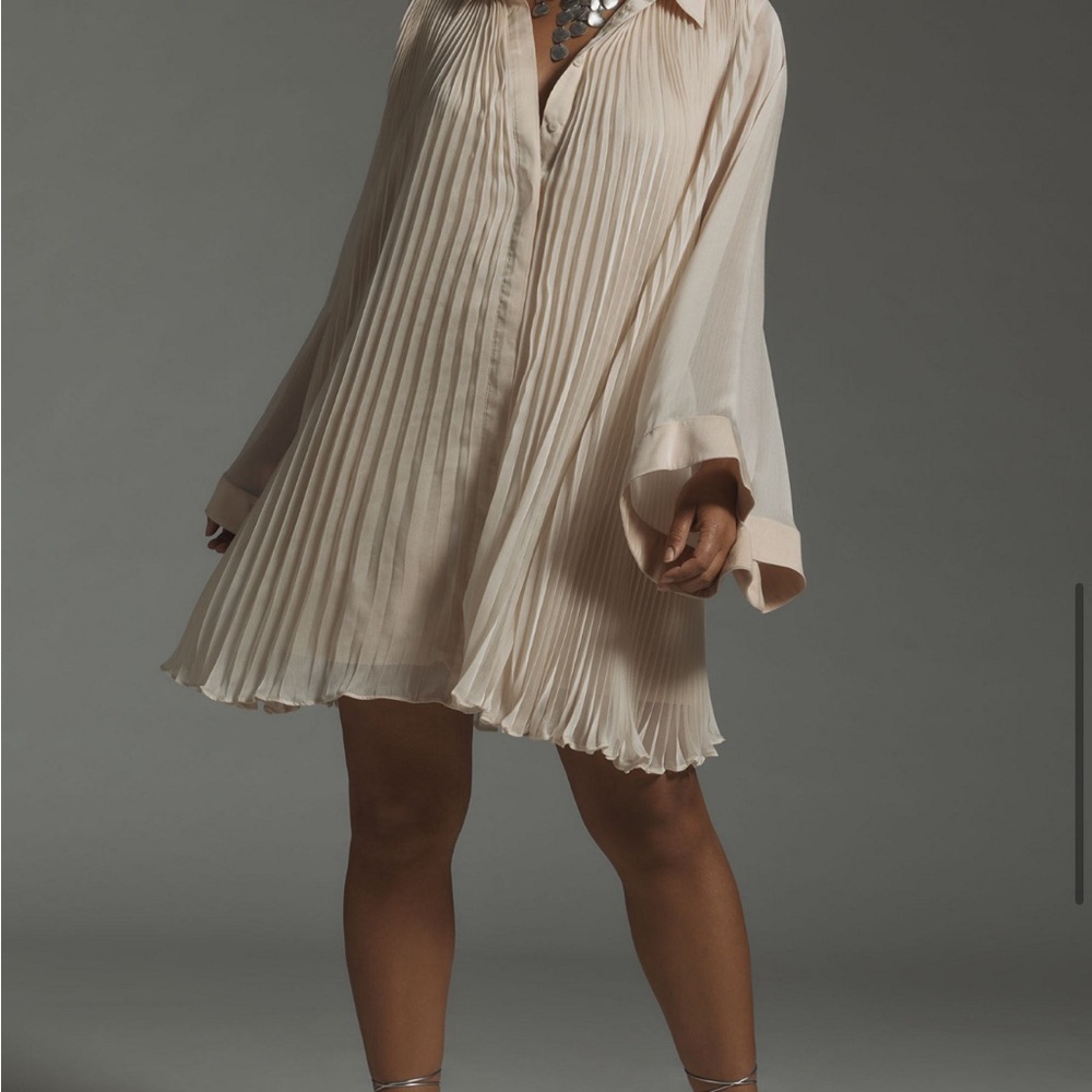 Long-sleeved Pleated Mini Shirt Dress